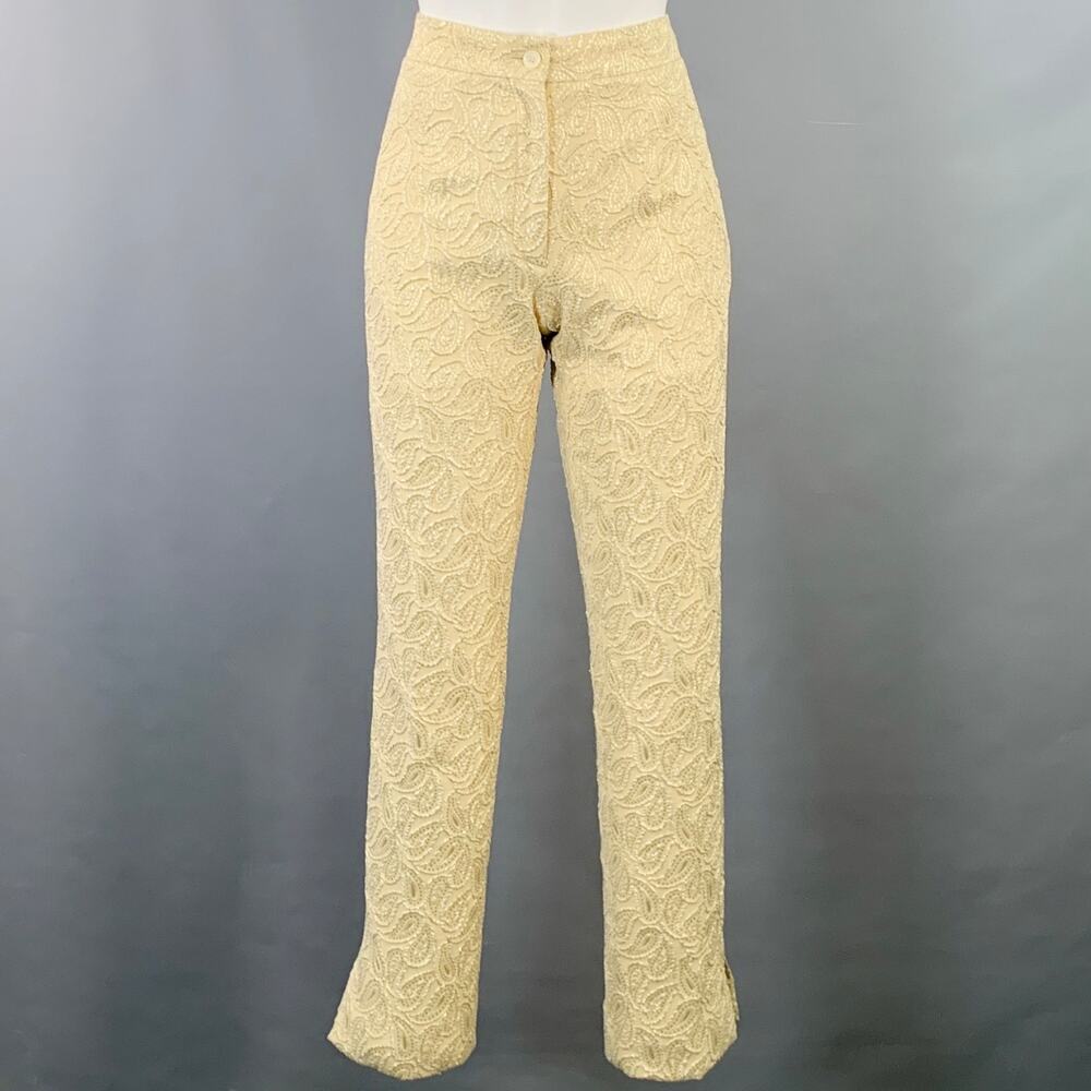 CELINE Size XS Cream Silver Jacquard Paisley Straight Dress Pants